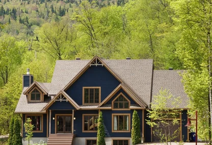 Large home surrounded by trees with mountain in distance