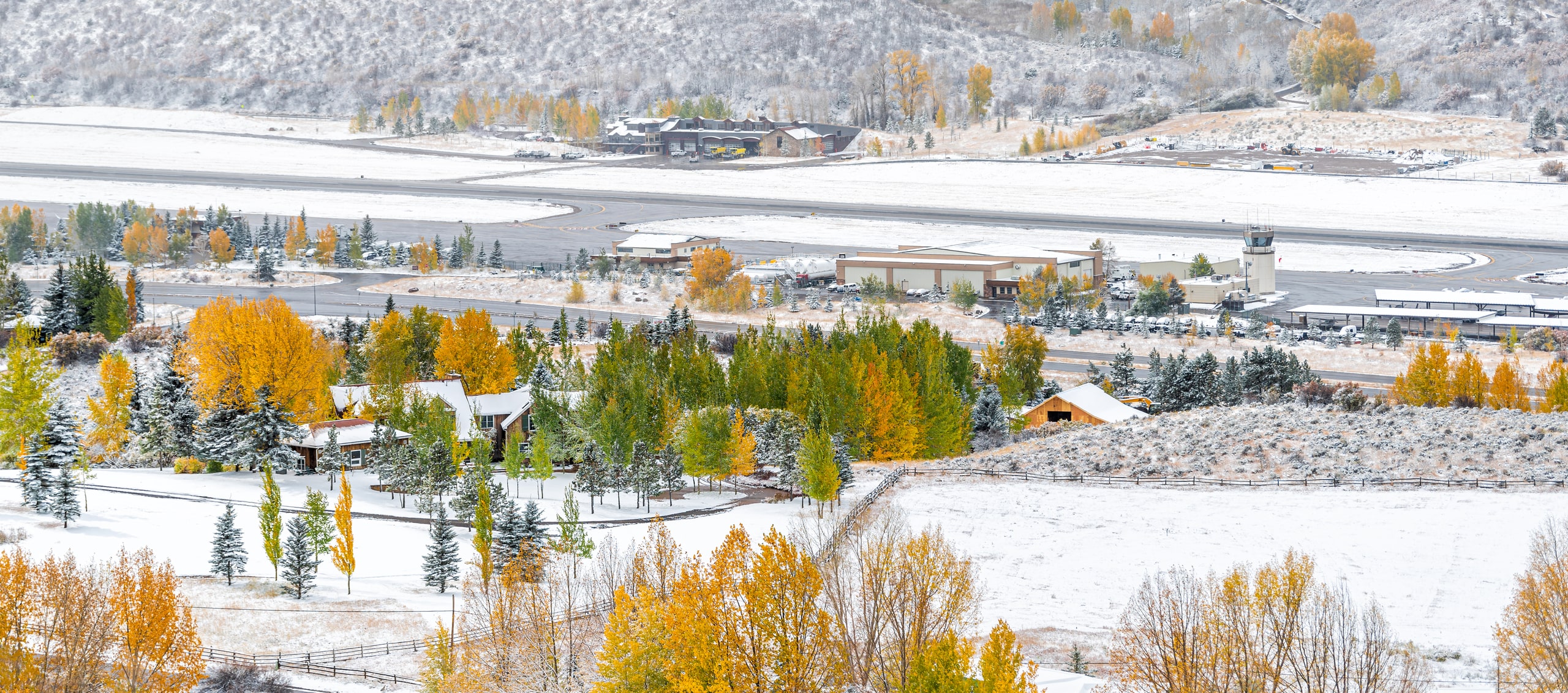 Aerial view of Aspen, Colorado in the middle of winter