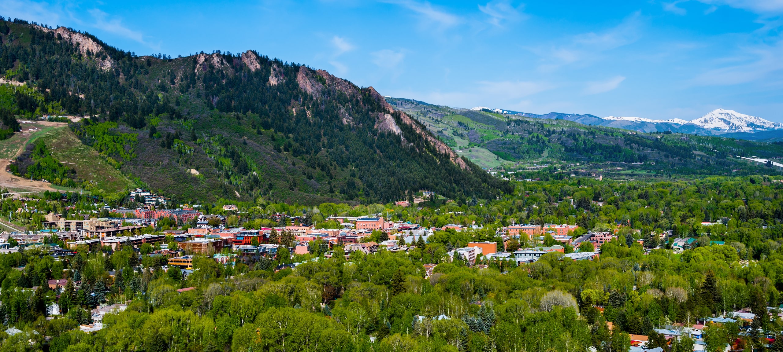Aerial view of Aspen, CO during the summertime
